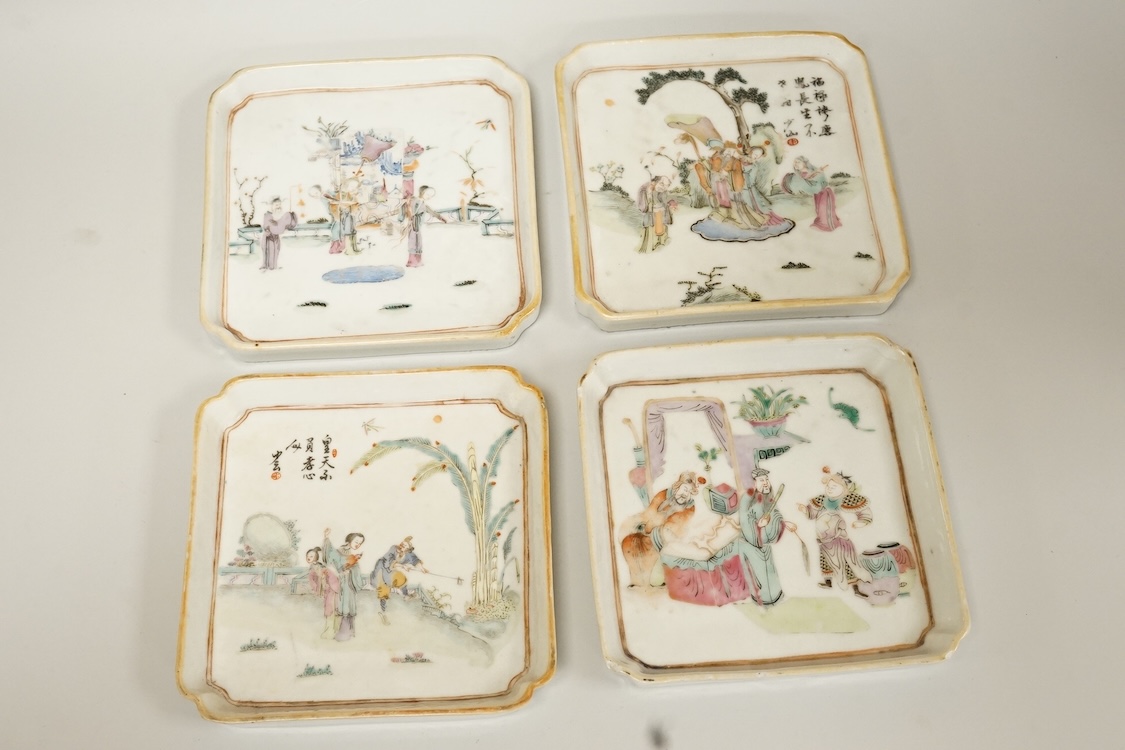 A set of four Chinese famille rose square dishes, late 19th century, and a carved wood pouring vessel, dishes 13.5cm square